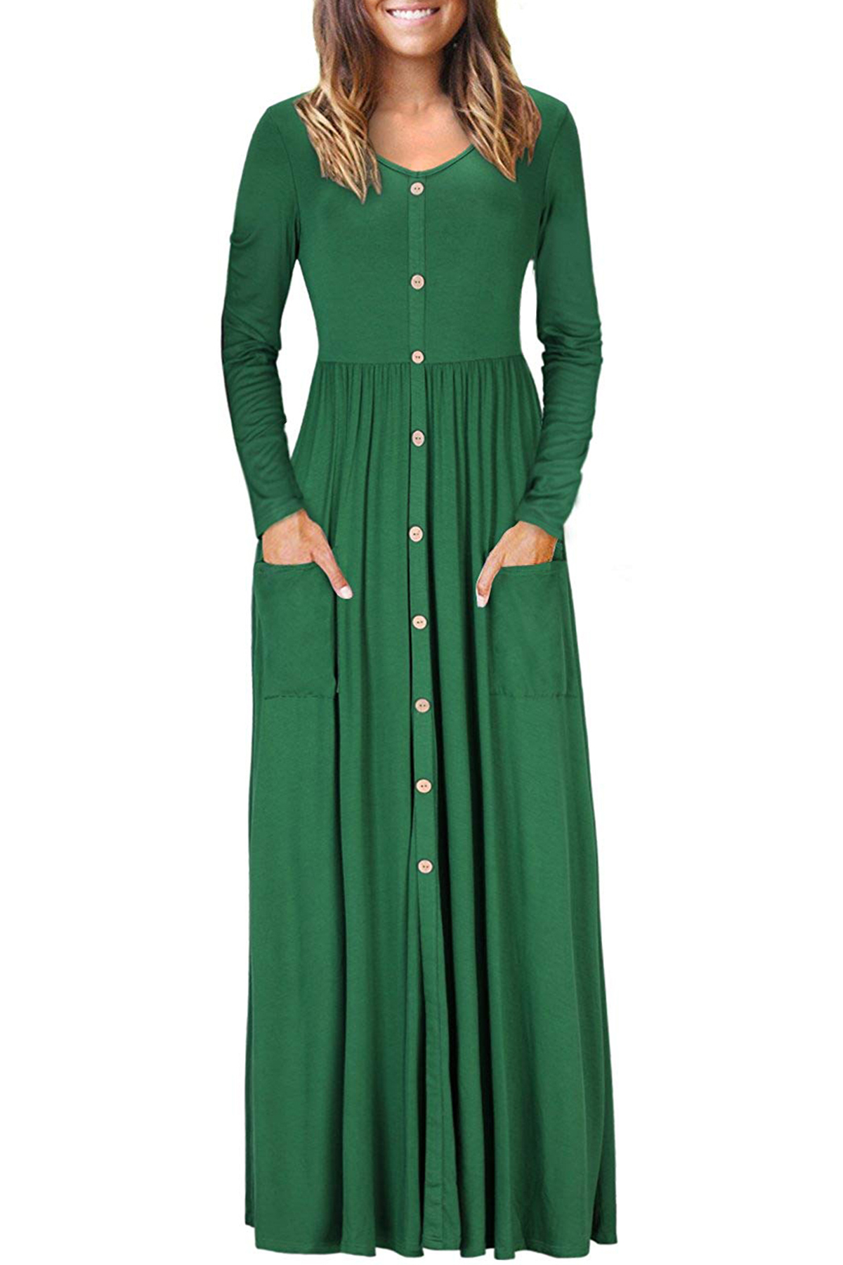BY610503-9 Hunter  Button Front Pocket Style Casual Long Dress